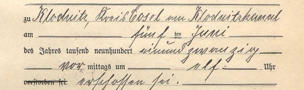 Fragment aktu zgonu Franza z informacją o miejscu i przyczynie śmierci